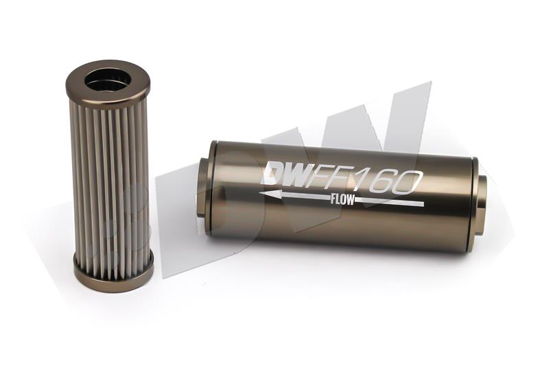 DeatschWerks Stainless Steel 8AN 100 Micron Universal Inline Fuel Filter Housing Kit (160mm) - dw8-03-160-100K
