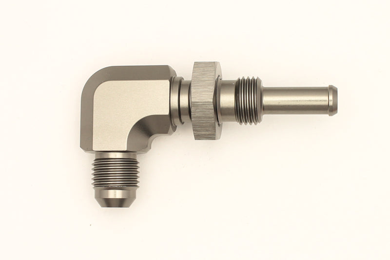 DeatschWerks 6AN Male Flare To 5/16in. Male Barb Bulkhead Adapter 90-Degree (Incl. Nut) - dw6-02-0712