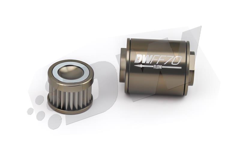 DeatschWerks Stainless Steel 8AN 10 Micron Universal Inline Fuel Filter Housing Kit (70mm) - dw8-03-070-010K