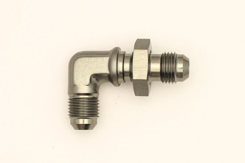 DeatschWerks 6AN Male Flare To 6AN Male Flare Bulkhead Adapter 90-Degree (Incl. Nut) - dw6-02-0710