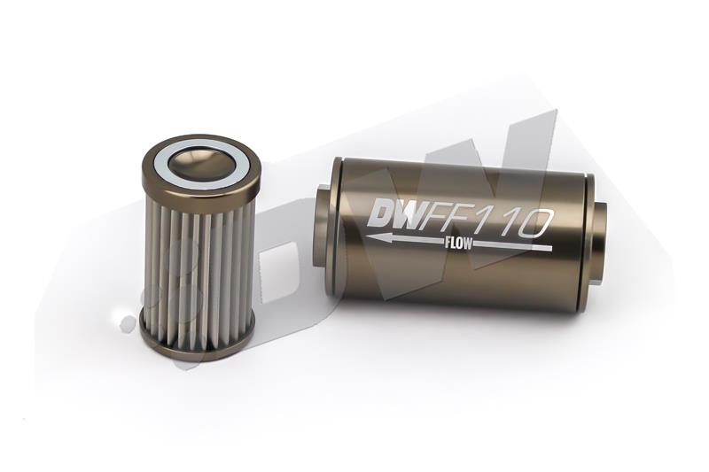 DeatschWerks Stainless Steel 8AN 10 Micron Universal Inline Fuel Filter Housing Kit (110mm) - dw8-03-110-010K
