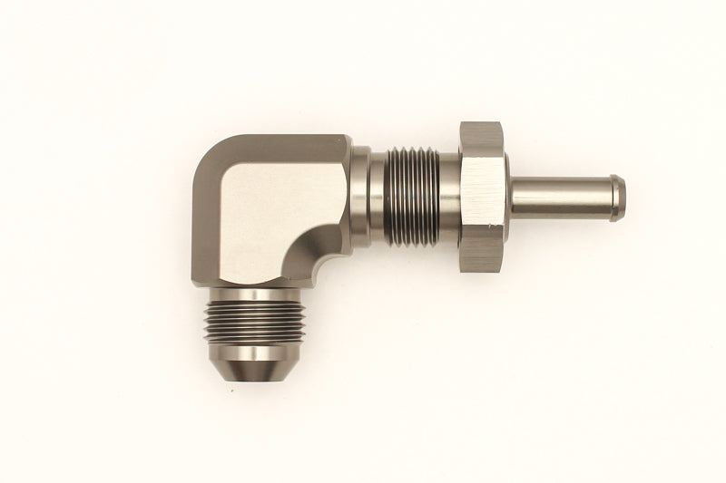 DeatschWerks 8AN Male Flare To 5/16in. Male Barb Bulkhead Adapter 90-Degree (Incl. Nut) - dw6-02-0713